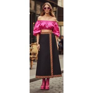 Vintage 60s Sakowitz Quilted Maxi Skirt Womens M Black MCM Kashmiri Trim Boho